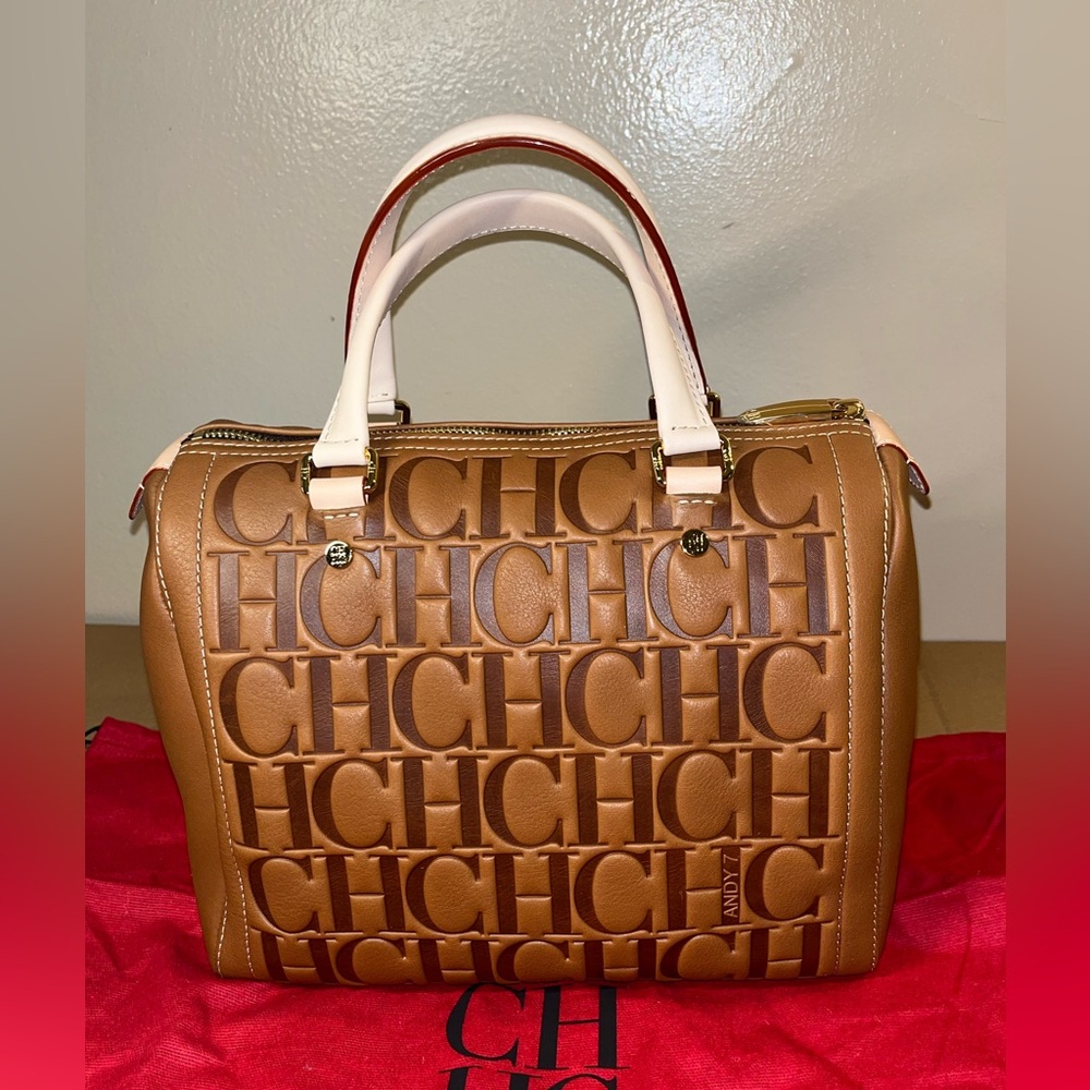 Carolina Herrera Tan Embossed CH Leather Satchel